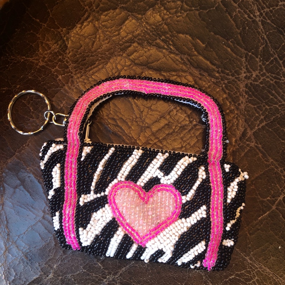 Twos Company Heart Pink and Black Beaded Mini Coin Purse